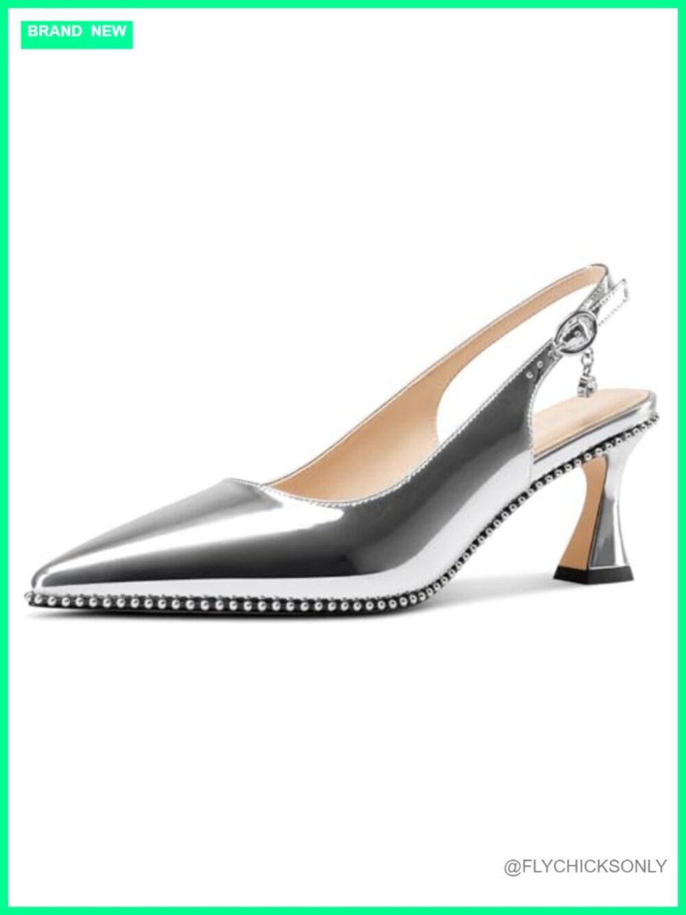 Kitten Heel Pointed Toe Slingback Pumps Beaded Faux Leather Formal Heels